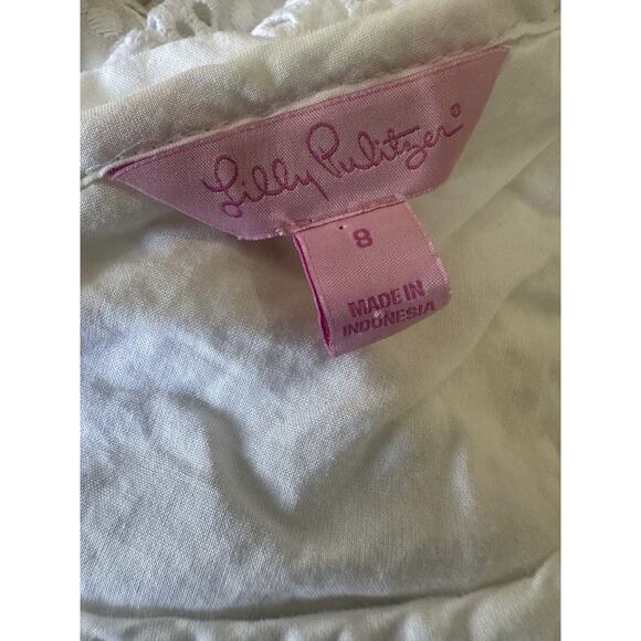 Lilly Pulitzer Crochet Eyelet Blouse Cap Short Sleeve Ruffle Button Back Size 8 - Picture 9 of 16